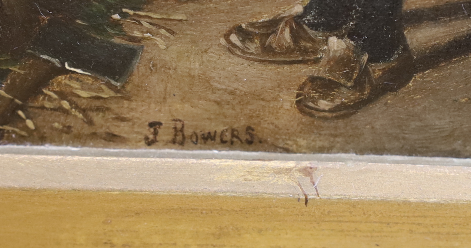 J Bowers (19th century), oil on canvas, Interior scene with gentleman and dog, signed, 19 x 16cm